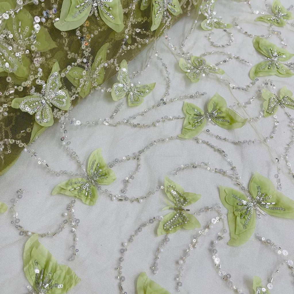 3D Butterfly Lace - SAGE -  3D Butterfly Design Embroider Beaded Fabric For Quinsiañera Dresses - Prom Dress Sold By Yard