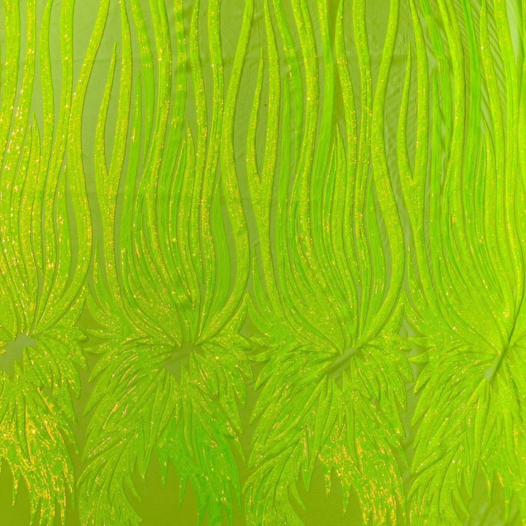 Feather Design Iridescent - NEON GREEN - Luxury Shiny Sequin - 4 Way Stretch Mesh Fabric – Prom & Evening Dress Material By The Yard.