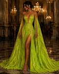 Feather Design Iridescent - NEON GREEN - Luxury Shiny Sequin - 4 Way Stretch Mesh Fabric – Prom & Evening Dress Material By The Yard.