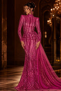 FUCHSIA - Lux Sequin Embroidered Mesh Fabric – Luxury Blue Lace by the Yard – Couture Evening Dress, Prom & Bridal Fabric
