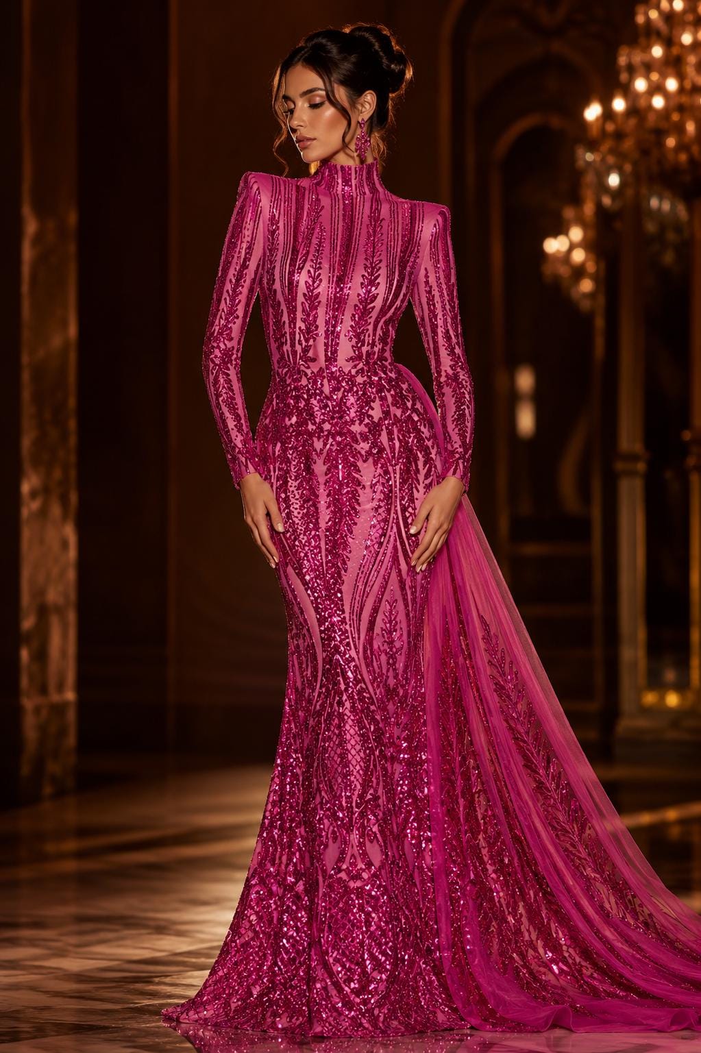 FUCHSIA - Lux Sequin Embroidered Mesh Fabric – Luxury Blue Lace by the Yard – Couture Evening Dress, Prom & Bridal Fabric