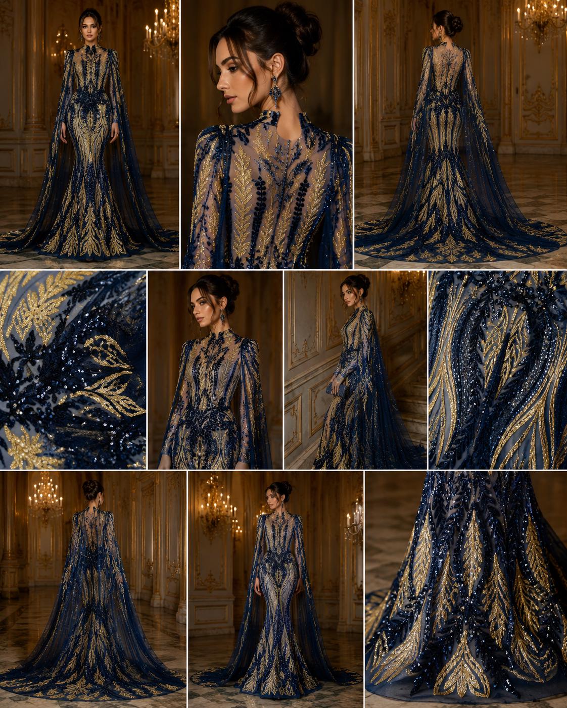 NAVY/GOLD - Lux Iridescent Sequin Embroidered Mesh Fabric – Luxury Blue Lace by the Yard – Couture Evening Dress, Prom & Bridal Fabric