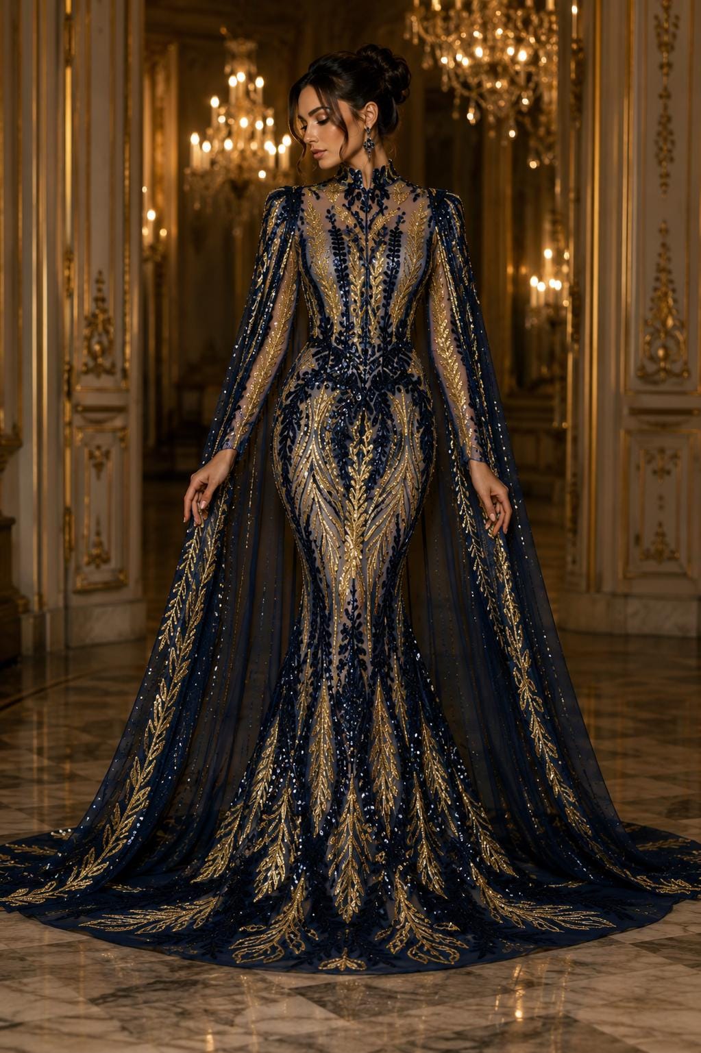 NAVY/GOLD - Lux Iridescent Sequin Embroidered Mesh Fabric – Luxury Blue Lace by the Yard – Couture Evening Dress, Prom & Bridal Fabric