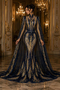 NAVY/GOLD - Lux Iridescent Sequin Embroidered Mesh Fabric – Luxury Blue Lace by the Yard – Couture Evening Dress, Prom & Bridal Fabric