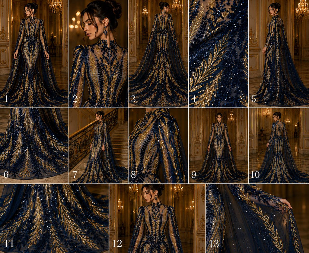 NAVY/GOLD - Lux Iridescent Sequin Embroidered Mesh Fabric – Luxury Blue Lace by the Yard – Couture Evening Dress, Prom & Bridal Fabric