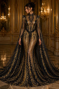 GOLD/BLACK - Lux Iridescent Sequin Embroidered Mesh Fabric – Luxury Blue Lace by the Yard – Couture Evening Dress, Prom & Bridal Fabric