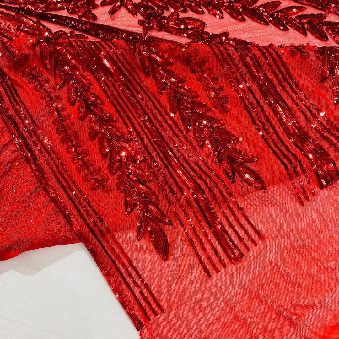 RED - Lux Sequin Embroidered Mesh Fabric – Luxury Blue Lace by the Yard – Couture Evening Dress, Prom & Bridal Fabric