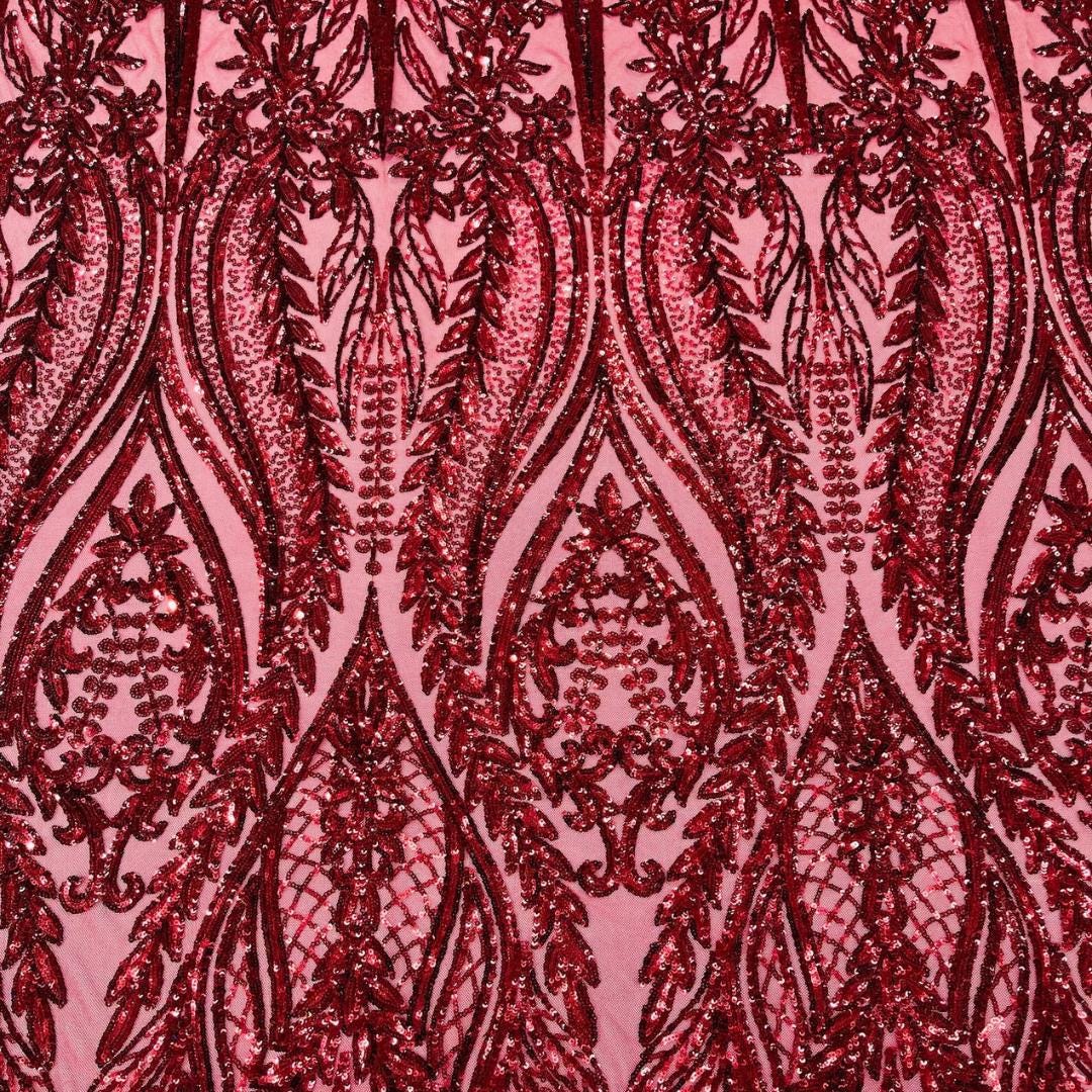 BURGUNDY - Lux Sequin Embroidered Mesh Fabric – Luxury Blue Lace by the Yard – Couture Evening Dress, Prom & Bridal Fabric