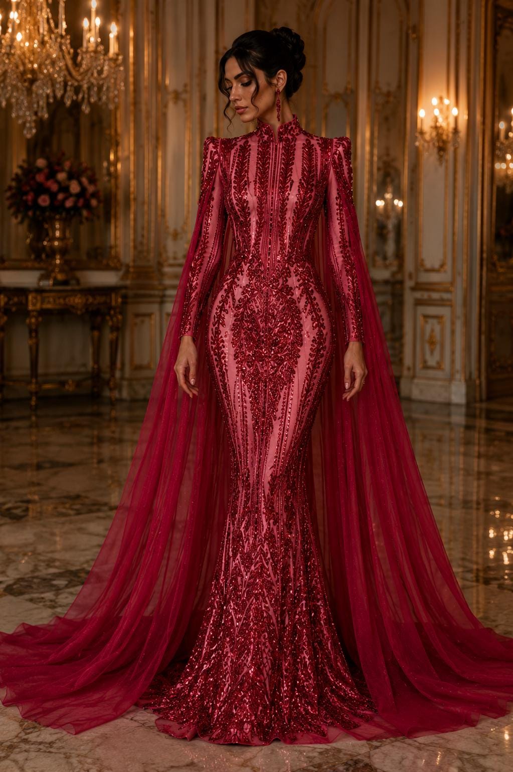 BURGUNDY - Lux Sequin Embroidered Mesh Fabric – Luxury Blue Lace by the Yard – Couture Evening Dress, Prom & Bridal Fabric