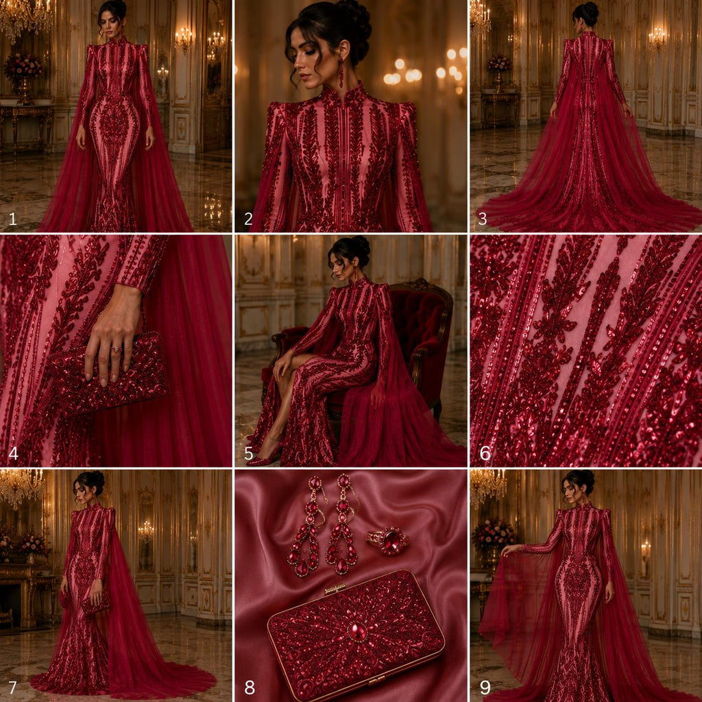 BURGUNDY - Lux Sequin Embroidered Mesh Fabric – Luxury Blue Lace by the Yard – Couture Evening Dress, Prom & Bridal Fabric