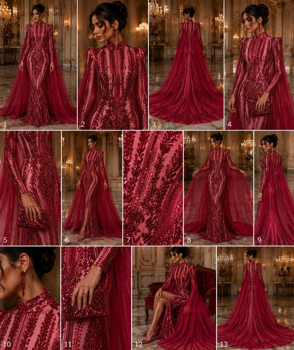 BURGUNDY - Lux Sequin Embroidered Mesh Fabric – Luxury Blue Lace by the Yard – Couture Evening Dress, Prom & Bridal Fabric