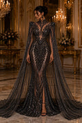 BLACK - Lux Sequin Embroidered Mesh Fabric – Luxury Blue Lace by the Yard – Couture Evening Dress, Prom & Bridal Fabric