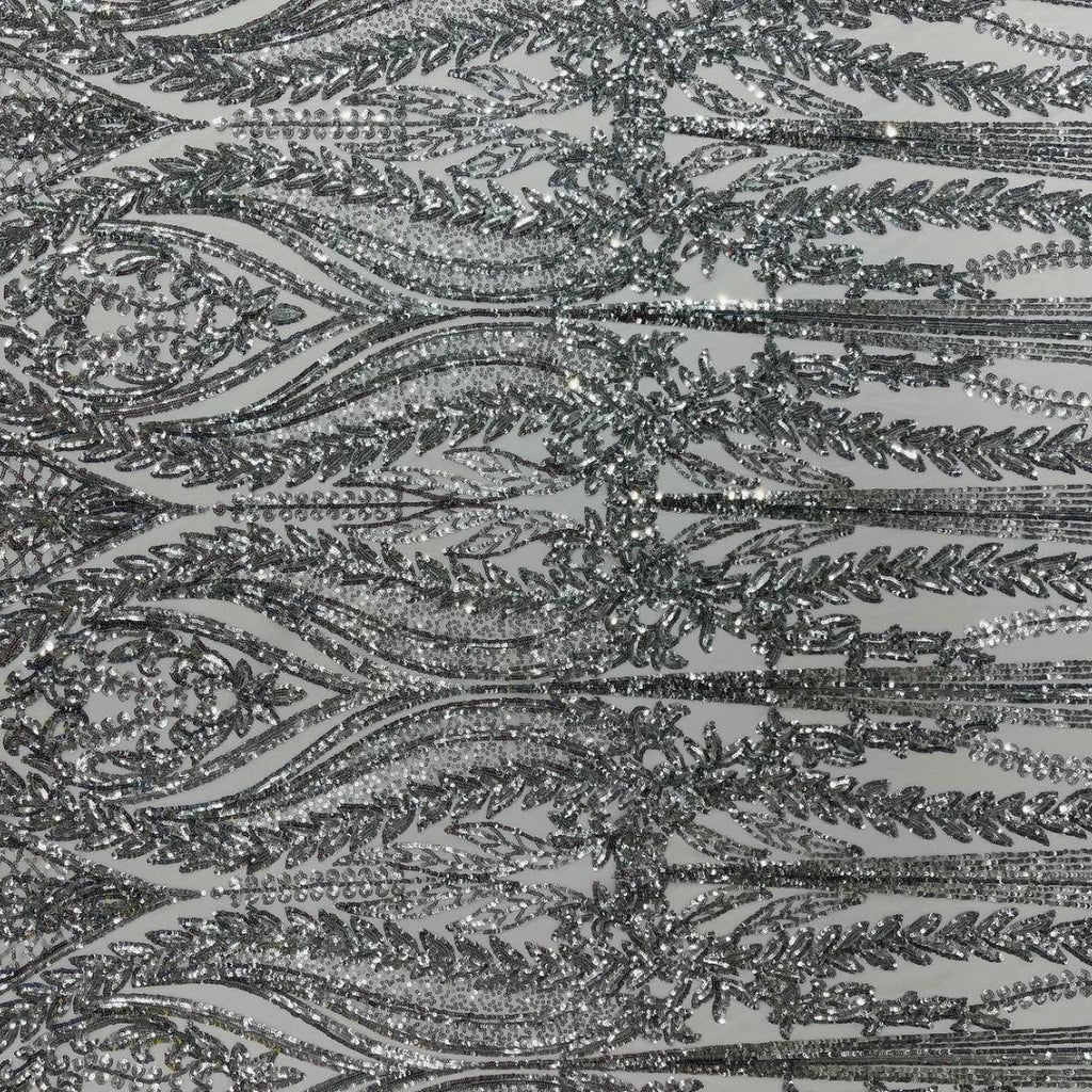 SILVER - Lux Sequin Embroidered Mesh Fabric – Luxury Blue Lace by the Yard – Couture Evening Dress, Prom & Bridal Fabric