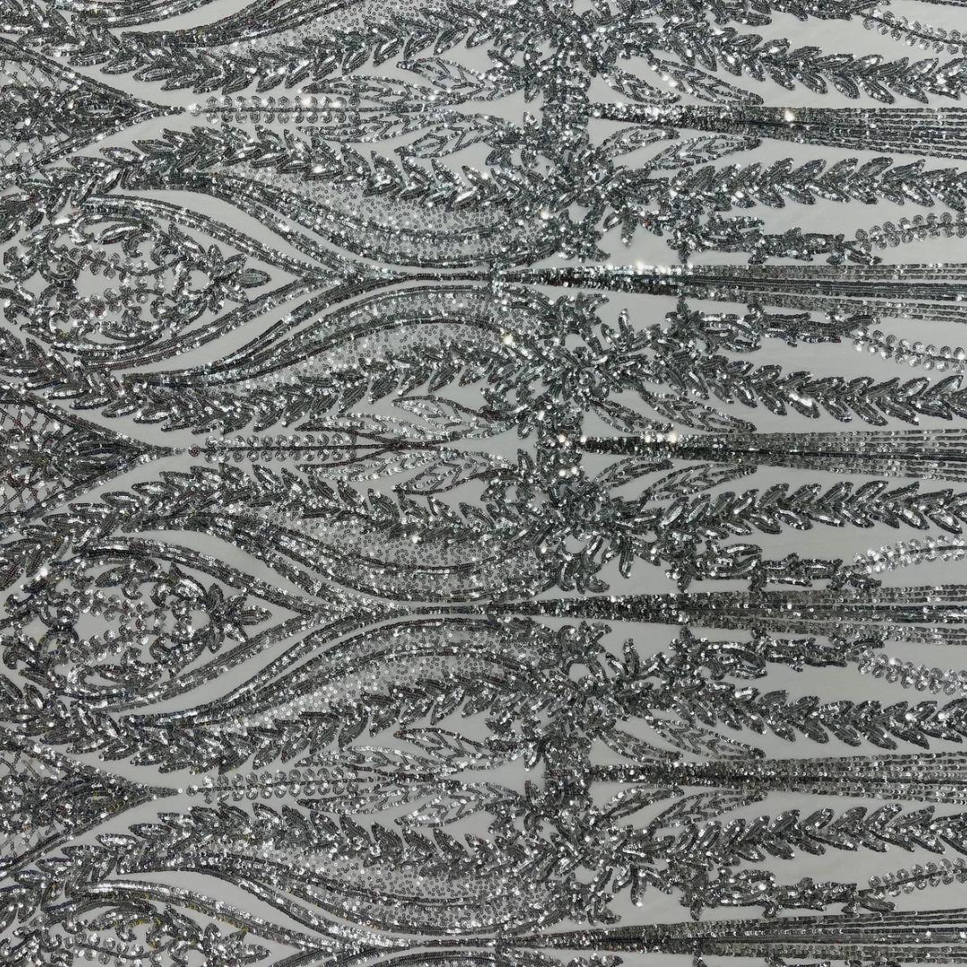 SILVER - Lux Sequin Embroidered Mesh Fabric – Luxury Blue Lace by the Yard – Couture Evening Dress, Prom & Bridal Fabric