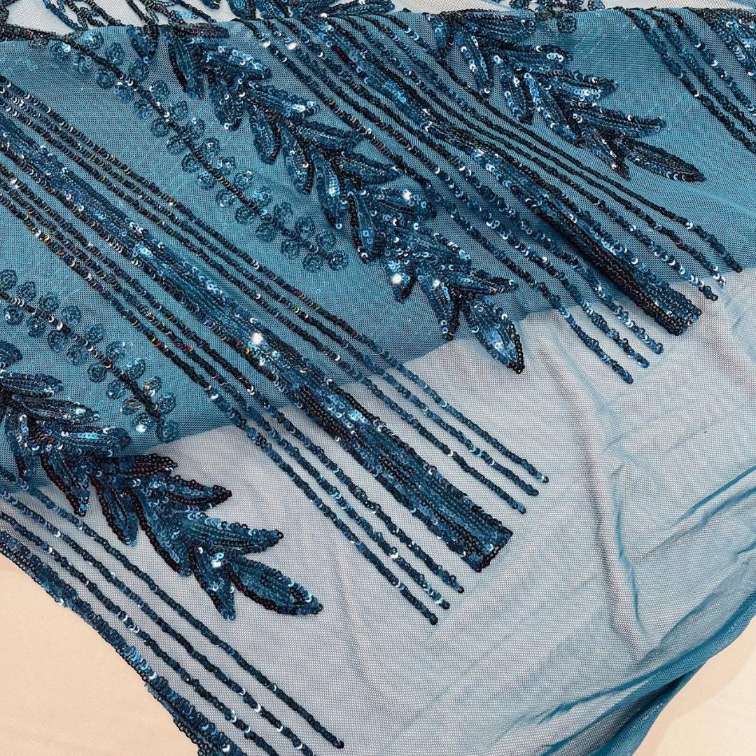 TEAL BLUE - Lux Sequin Embroidered Mesh Fabric – Luxury Blue Lace by the Yard – Couture Evening Dress, Prom & Bridal Fabric