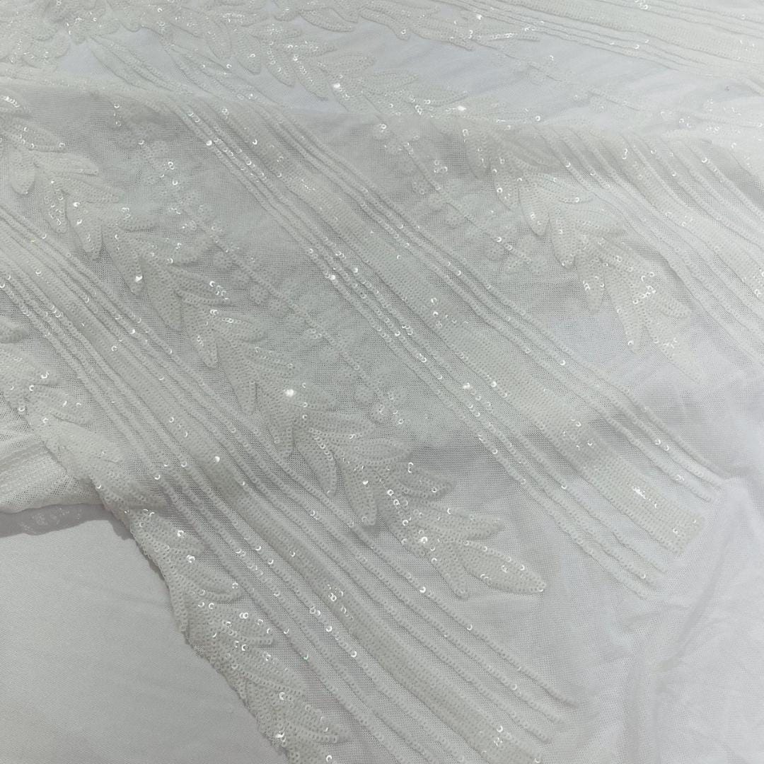 WHITE - Lux Sequin Embroidered Mesh Fabric – Luxury Blue Lace by the Yard – Couture Evening Dress, Prom & Bridal Fabric