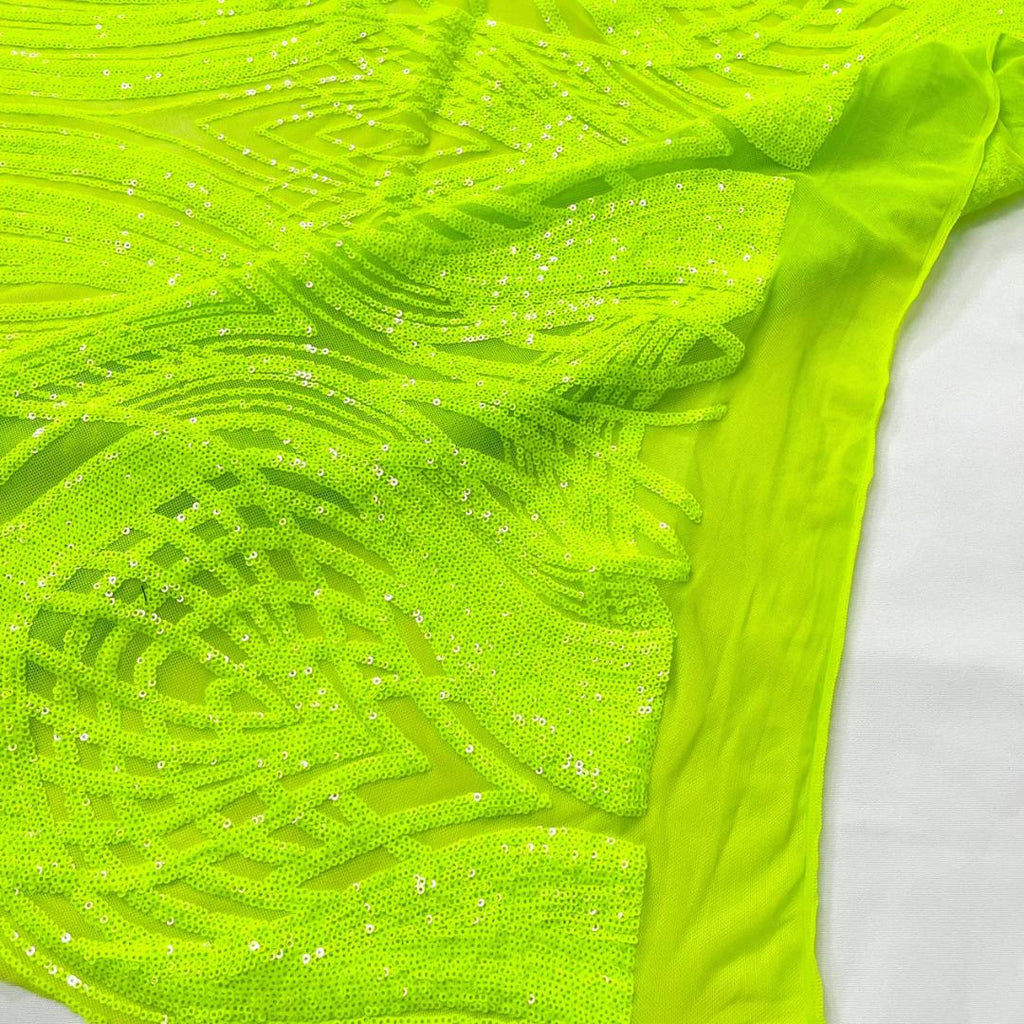 Neon Green - Glossy Design Luxury Shiny Sequin - 4 Way Stretch Mesh Fabric – Prom & Evening Dress Material By The Yard.