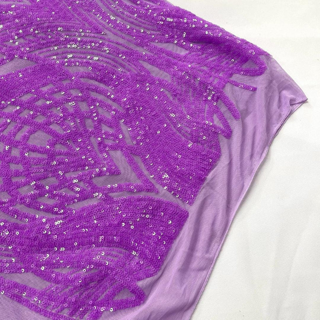 Lilac - Glossy Design Luxury Shiny Sequin - 4 Way Stretch Mesh Fabric – Prom & Evening Dress Material By The Yard.