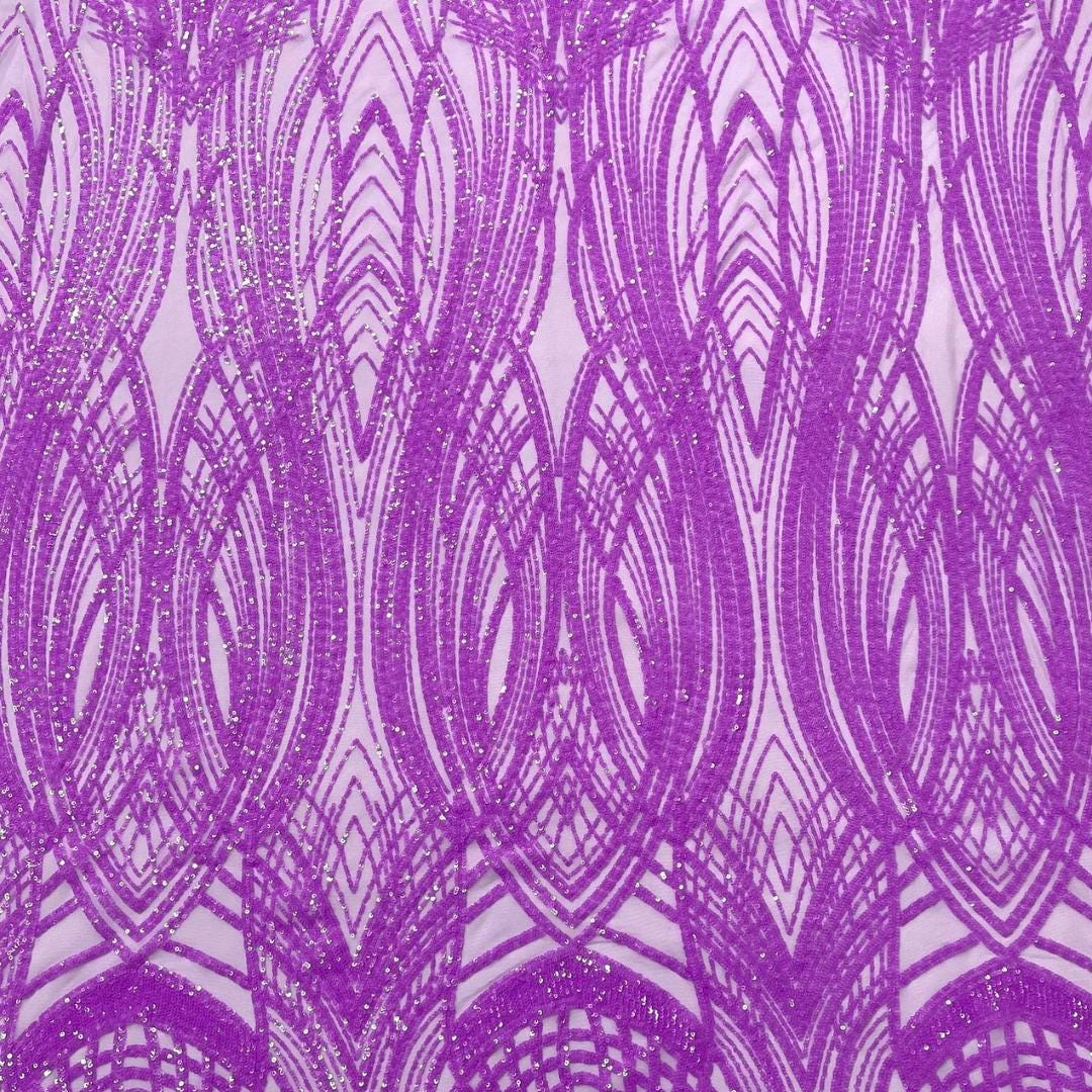 Lilac - Glossy Design Luxury Shiny Sequin - 4 Way Stretch Mesh Fabric – Prom & Evening Dress Material By The Yard.