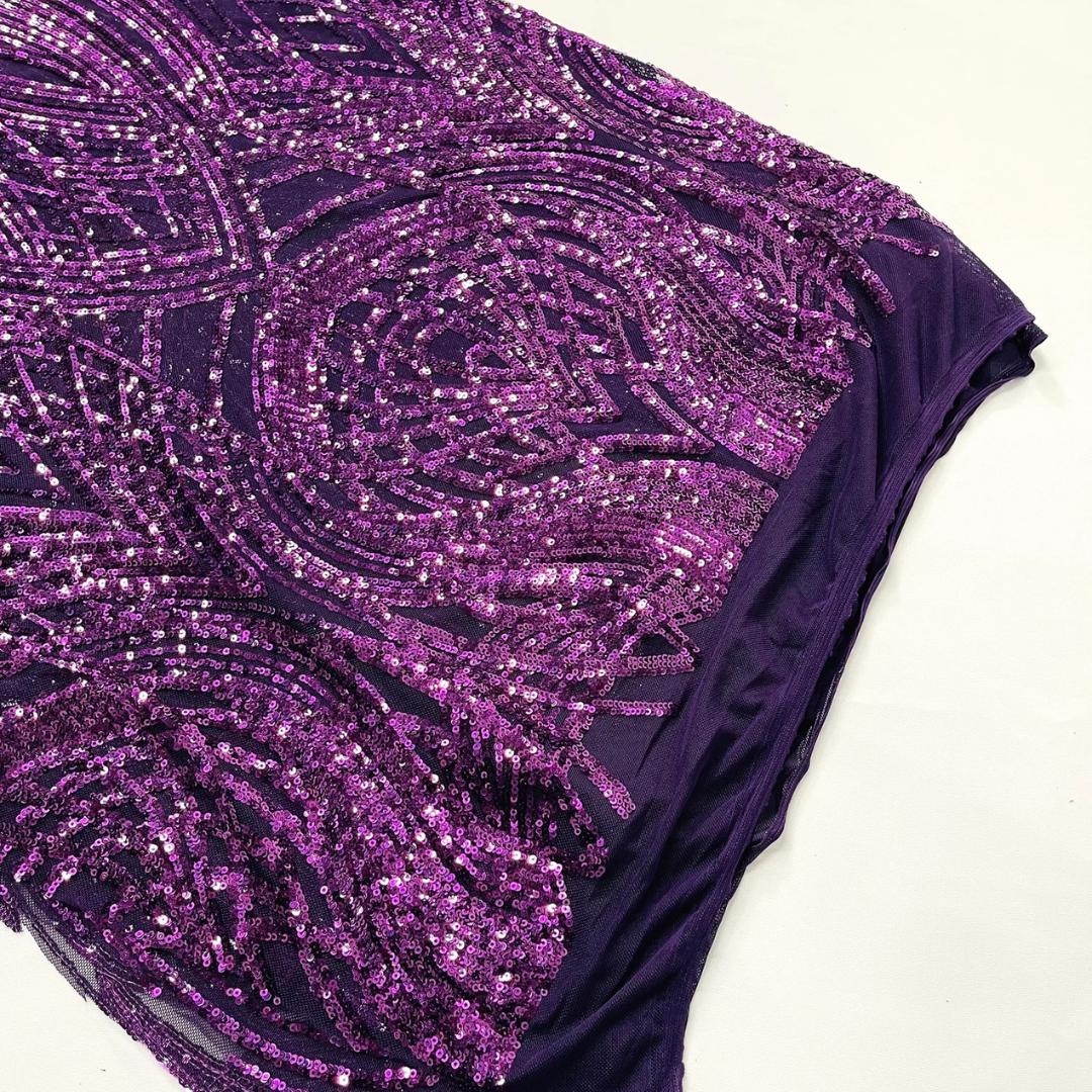 Purple - Glossy Design Luxury Shiny Sequin - 4 Way Stretch Mesh Fabric – Prom & Evening Dress Material By The Yard.