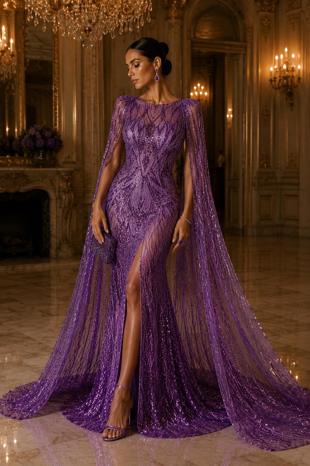 Purple - Glossy Design Luxury Shiny Sequin - 4 Way Stretch Mesh Fabric – Prom & Evening Dress Material By The Yard.