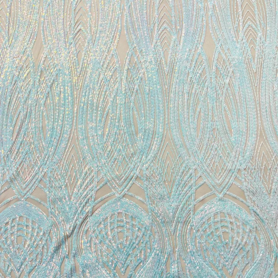 Aqua/Nude - Iridescent Glossy Design Luxury Shiny Sequin - 4 Way Stretch Mesh Fabric – Prom & Evening Dress Material By The Yard.
