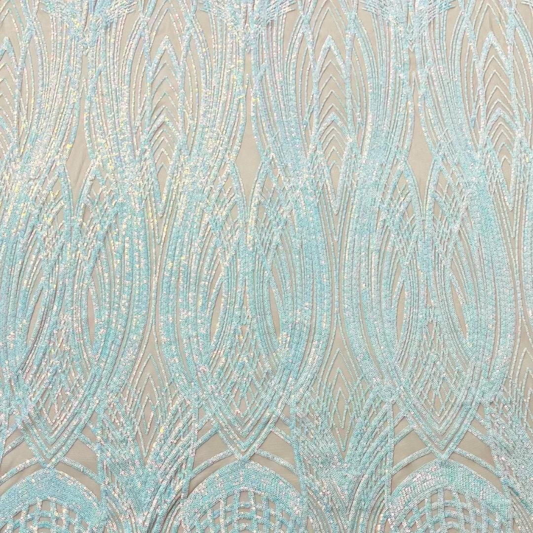 Aqua/Nude - Iridescent Glossy Design Luxury Shiny Sequin - 4 Way Stretch Mesh Fabric – Prom & Evening Dress Material By The Yard.