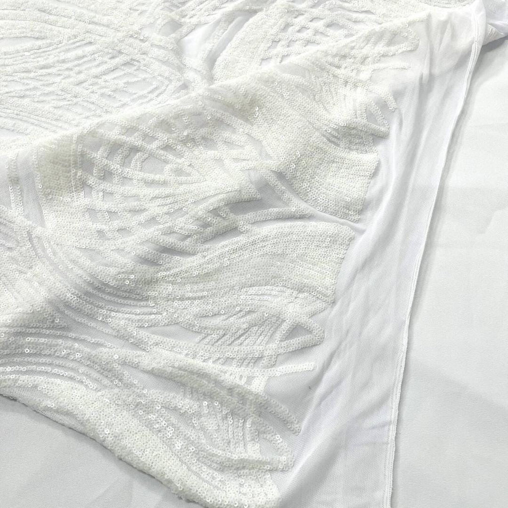 White - Glossy Design Luxury Shiny Sequin - 4 Way Stretch Mesh Fabric – Prom & Evening Dress Material By The Yard.