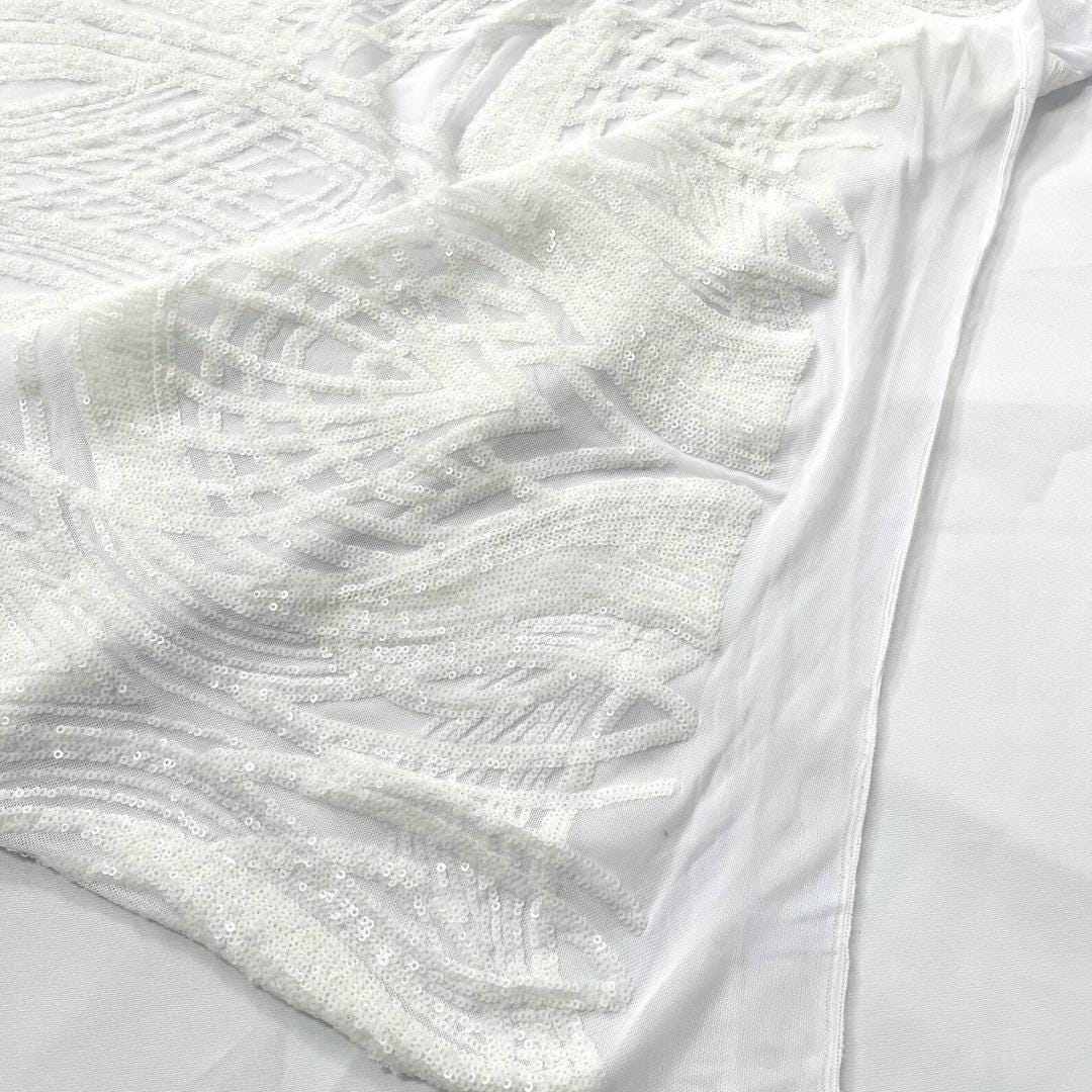 White - Glossy Design Luxury Shiny Sequin - 4 Way Stretch Mesh Fabric – Prom & Evening Dress Material By The Yard.