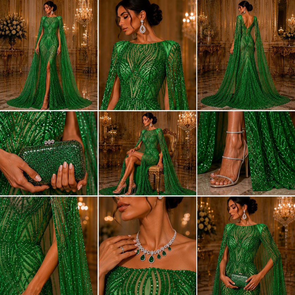Green - Glossy Design Luxury Shiny Sequin - 4 Way Stretch Mesh Fabric – Prom & Evening Dress Material By The Yard.