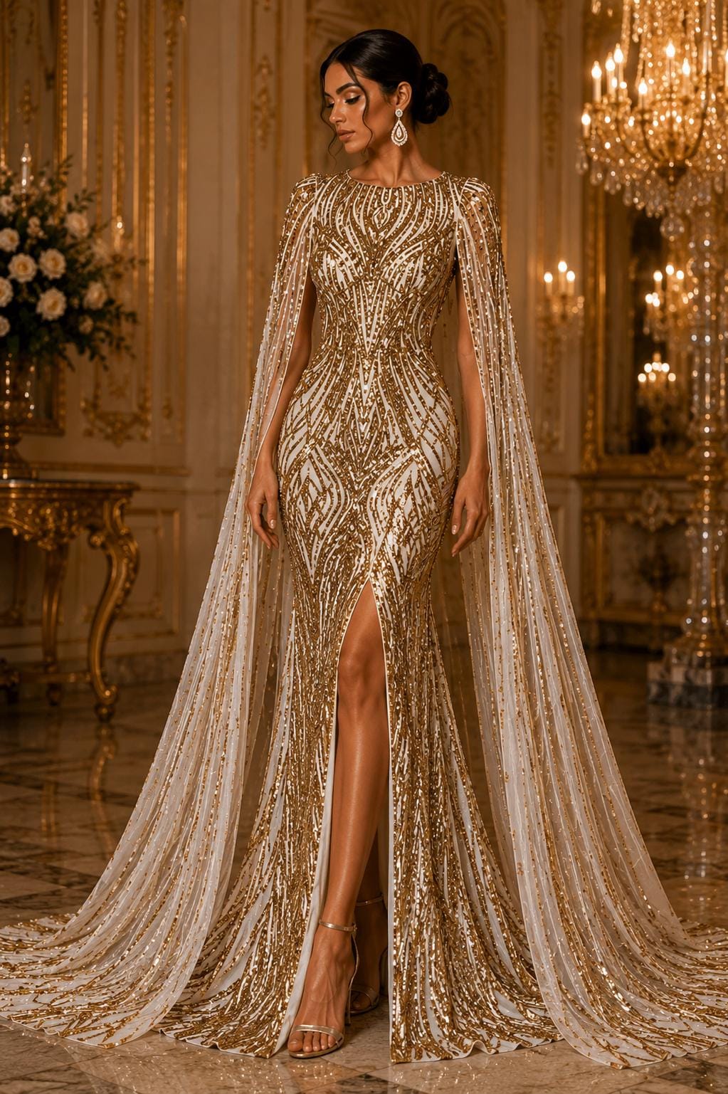 Gold - Glossy Design Luxury Shiny Sequin - 4 Way Stretch Mesh Fabric – Prom & Evening Dress Material By The Yard.