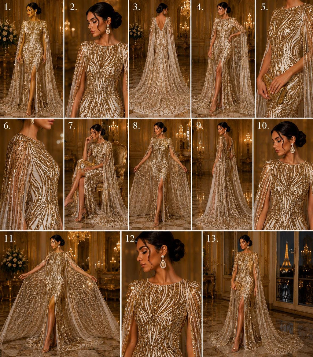 Gold - Glossy Design Luxury Shiny Sequin - 4 Way Stretch Mesh Fabric – Prom & Evening Dress Material By The Yard.