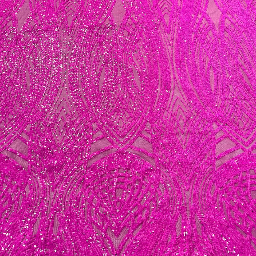 Magenta - Glossy Design Luxury Shiny Sequin - 4 Way Stretch Mesh Fabric – Prom & Evening Dress Material By The Yard.