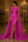 Magenta - Glossy Design Luxury Shiny Sequin - 4 Way Stretch Mesh Fabric – Prom & Evening Dress Material By The Yard.
