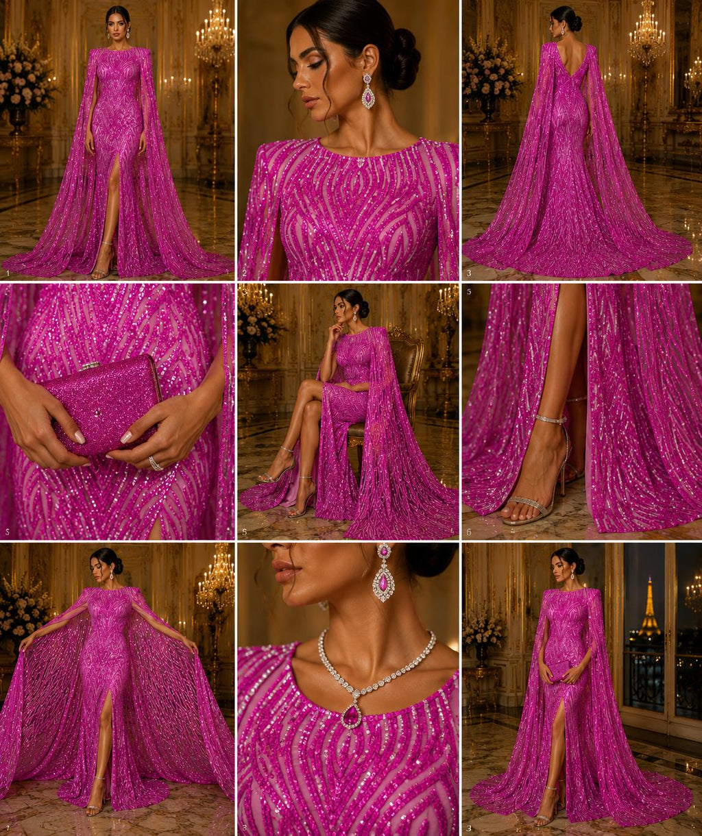 Magenta - Glossy Design Luxury Shiny Sequin - 4 Way Stretch Mesh Fabric – Prom & Evening Dress Material By The Yard.
