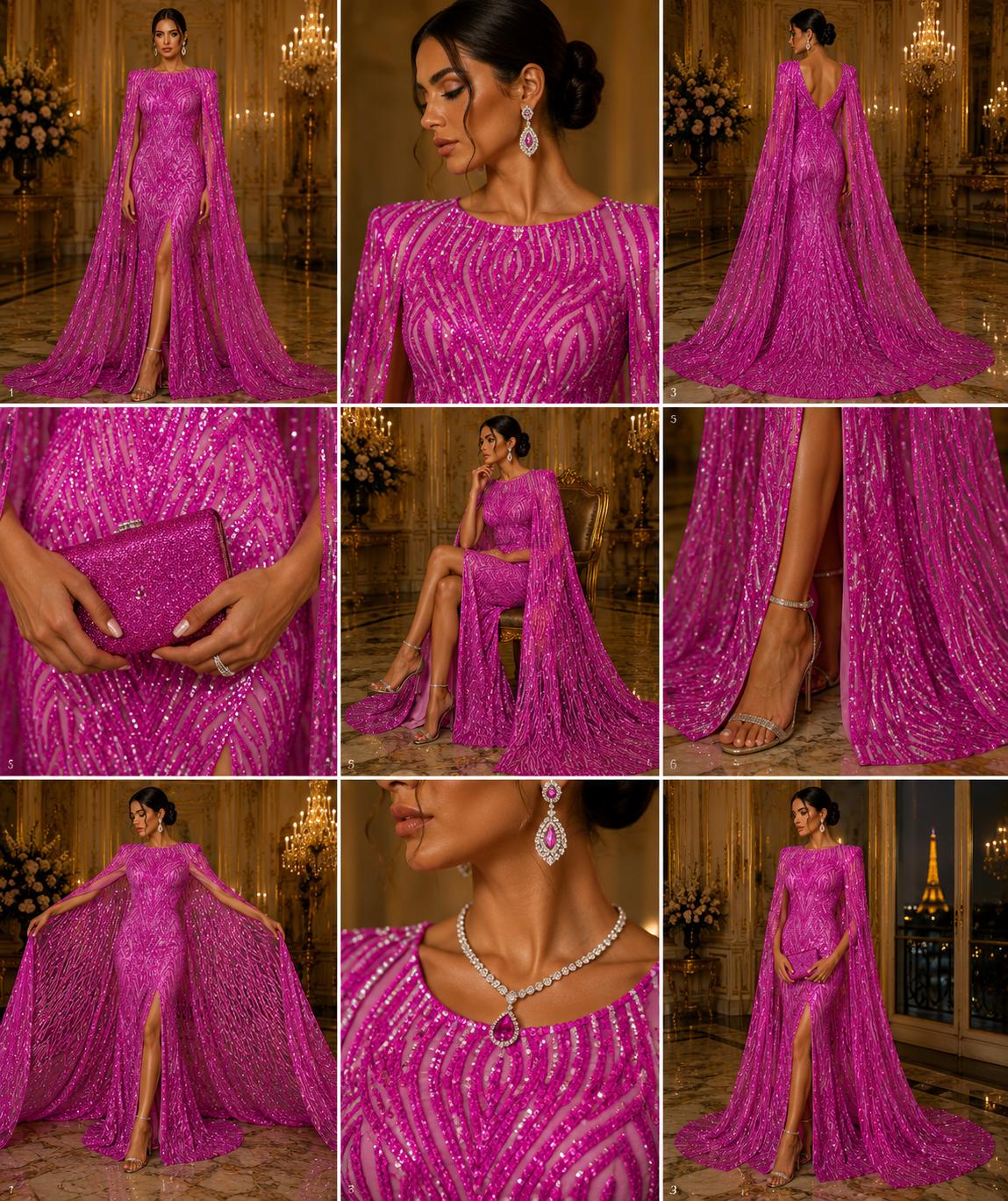 Magenta - Glossy Design Luxury Shiny Sequin - 4 Way Stretch Mesh Fabric – Prom & Evening Dress Material By The Yard.