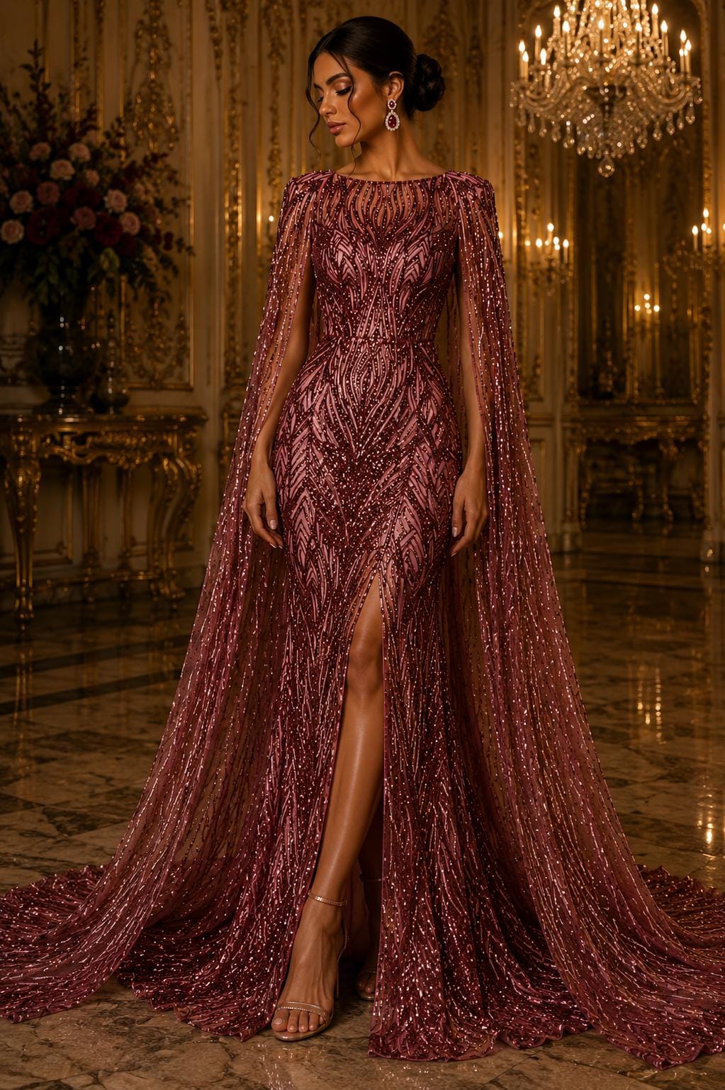 Burgundy - Glossy Design Luxury Shiny Sequin - 4 Way Stretch Mesh Fabric – Prom & Evening Dress Material By The Yard.