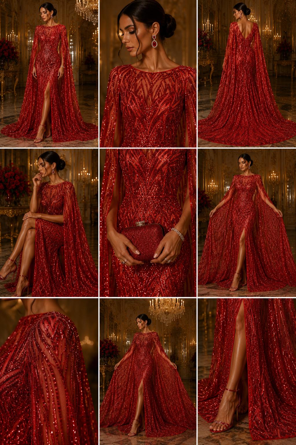 Red - Glossy Design Luxury Shiny Sequin - 4 Way Stretch Mesh Fabric – Prom & Evening Dress Material By The Yard.