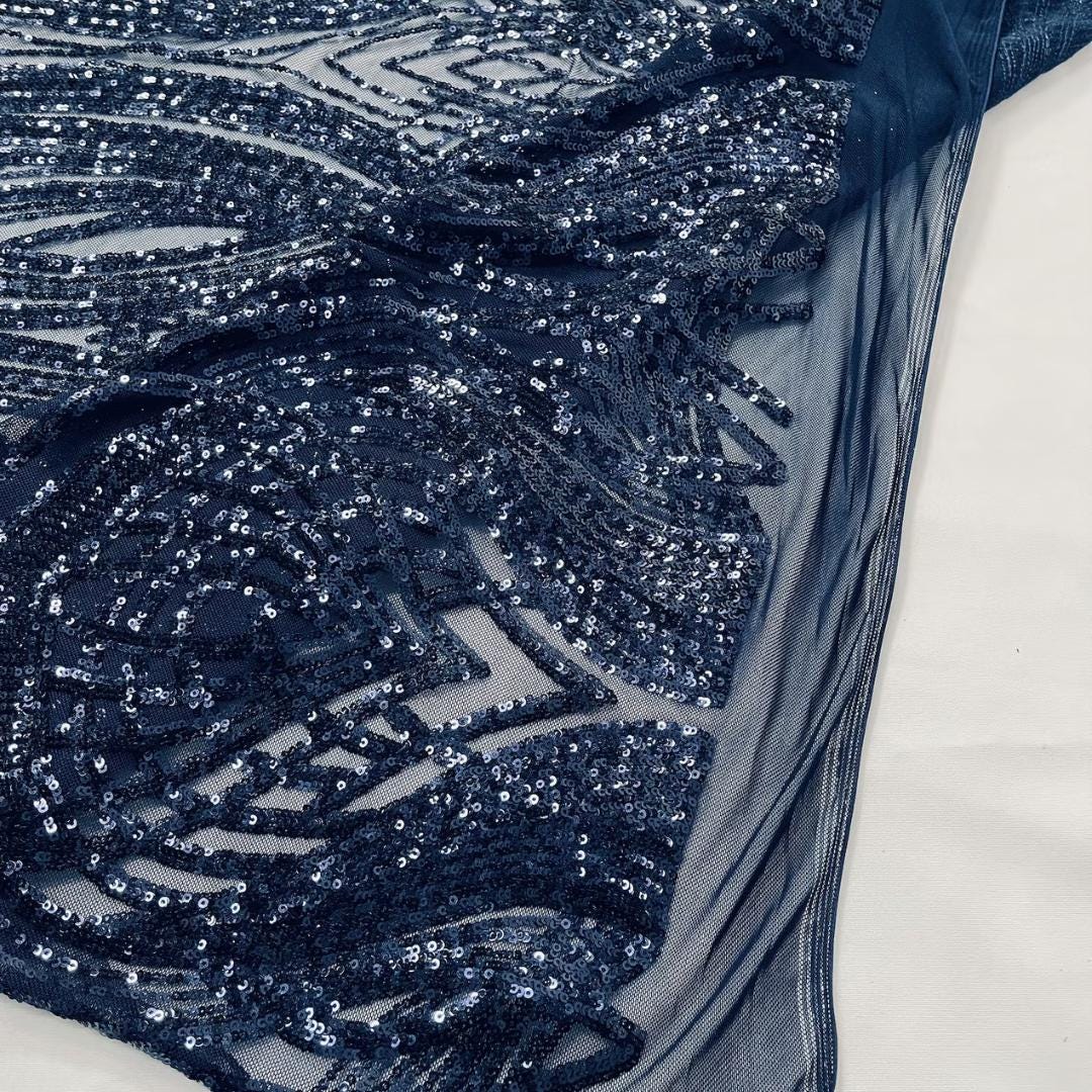 Navy Blue - Glossy Design Luxury Shiny Sequin - 4 Way Stretch Mesh Fabric – Prom & Evening Dress Material By The Yard.