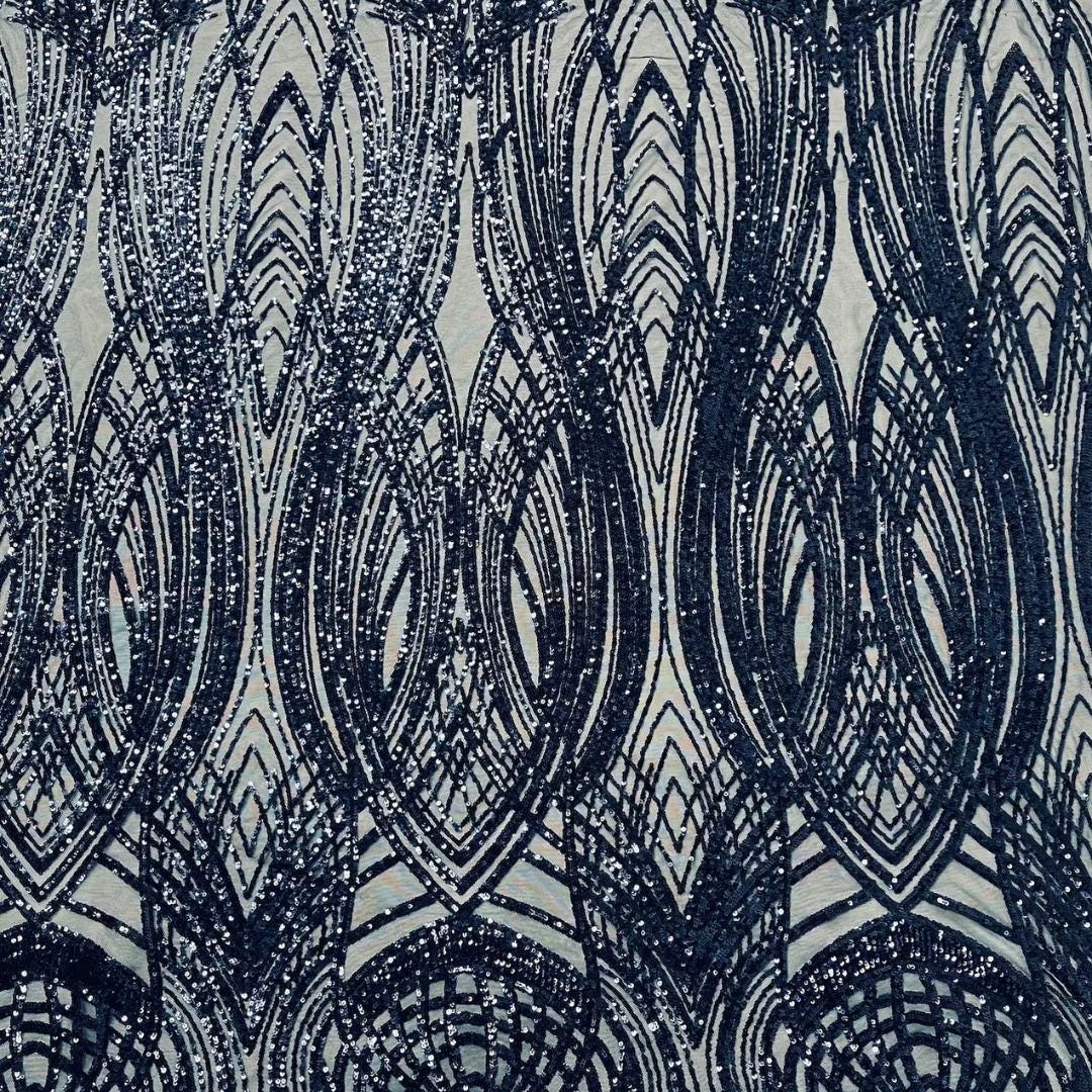 Navy Blue - Glossy Design Luxury Shiny Sequin - 4 Way Stretch Mesh Fabric – Prom & Evening Dress Material By The Yard.
