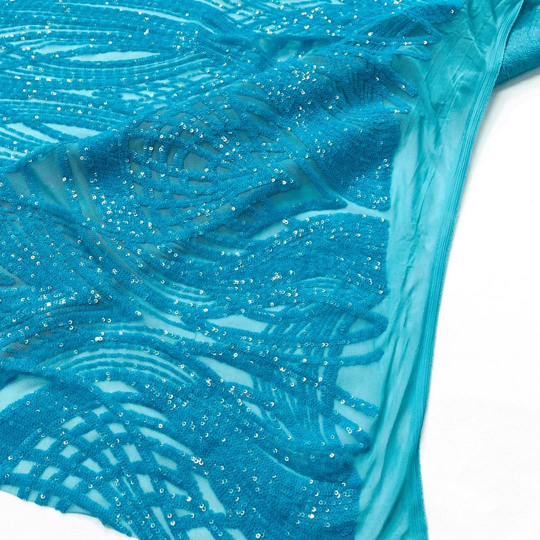 Turquoise - Glossy Design Luxury Shiny Sequin - 4 Way Stretch Mesh Fabric – Prom & Evening Dress Material By The Yard.