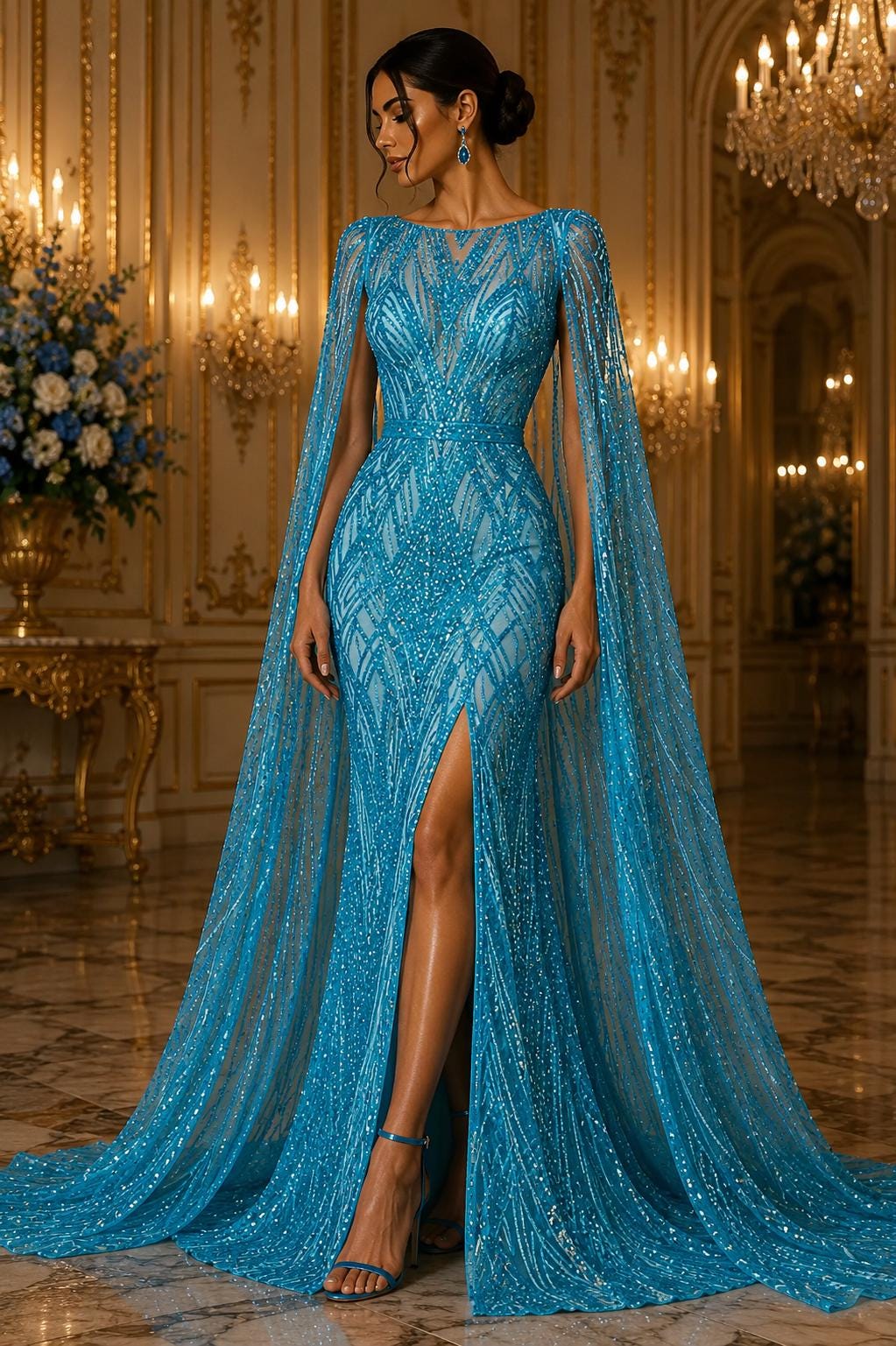 Turquoise - Glossy Design Luxury Shiny Sequin - 4 Way Stretch Mesh Fabric – Prom & Evening Dress Material By The Yard.