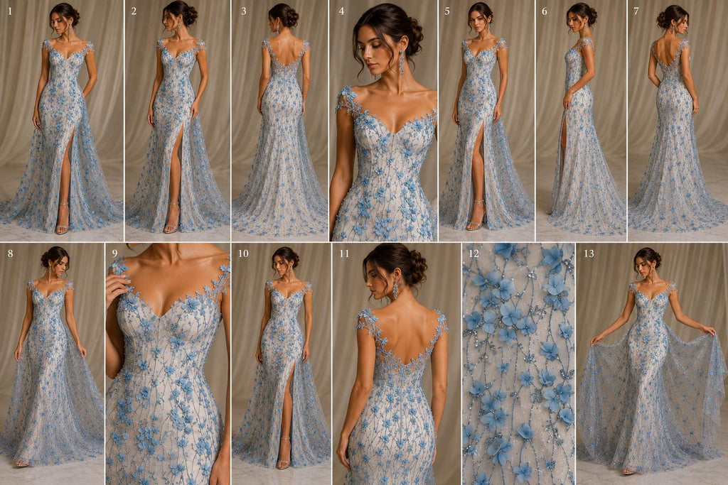 LT BLUE - 3D Floral Satin Lace -  3D Floral Embroidered Mesh Lace with Glitter| Fabric For Quinsiañera Dresses - Prom Dress Sold By Yard