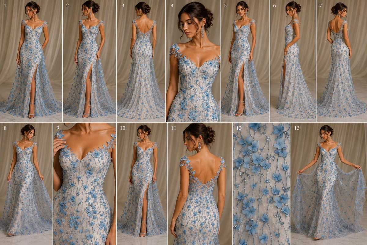 LT BLUE - 3D Floral Satin Lace -  3D Floral Embroidered Mesh Lace with Glitter| Fabric For Quinsiañera Dresses - Prom Dress Sold By Yard