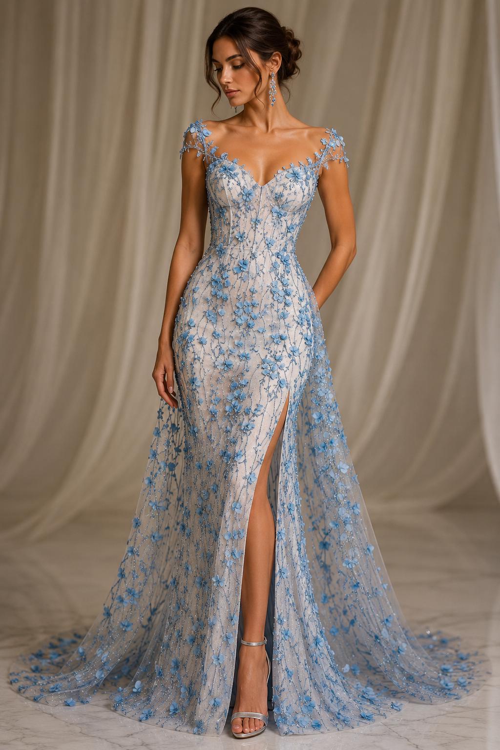LT BLUE - 3D Floral Satin Lace -  3D Floral Embroidered Mesh Lace with Glitter| Fabric For Quinsiañera Dresses - Prom Dress Sold By Yard