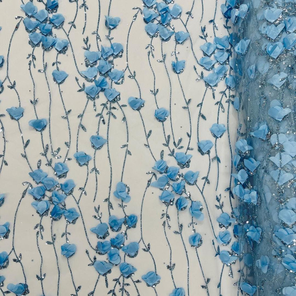 LT BLUE - 3D Floral Satin Lace -  3D Floral Embroidered Mesh Lace with Glitter| Fabric For Quinsiañera Dresses - Prom Dress Sold By Yard