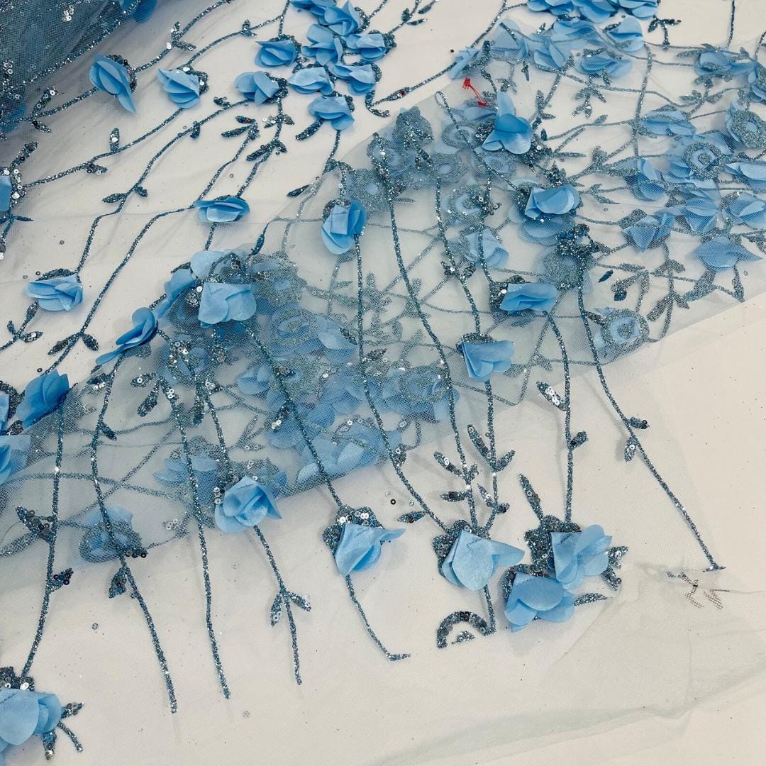 LT BLUE - 3D Floral Satin Lace -  3D Floral Embroidered Mesh Lace with Glitter| Fabric For Quinsiañera Dresses - Prom Dress Sold By Yard