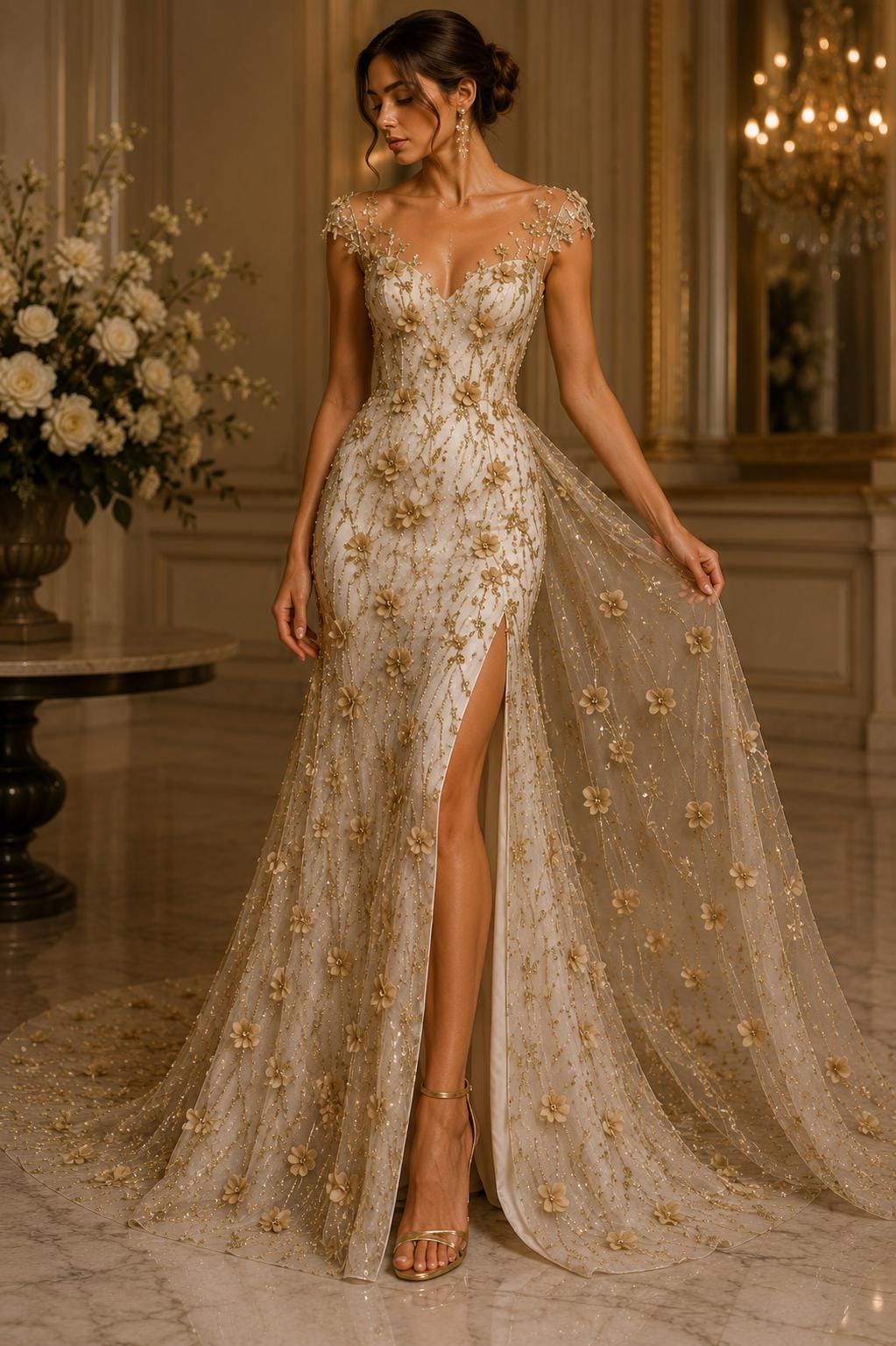 CHAMPAGNE - 3D Floral Satin Lace -  3D Floral Embroidered Mesh Lace with Glitter| Fabric For Quinsiañera Dresses - Prom Dress Sold By Yard