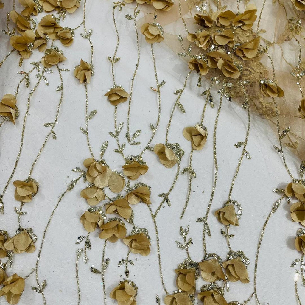 CHAMPAGNE - 3D Floral Satin Lace -  3D Floral Embroidered Mesh Lace with Glitter| Fabric For Quinsiañera Dresses - Prom Dress Sold By Yard