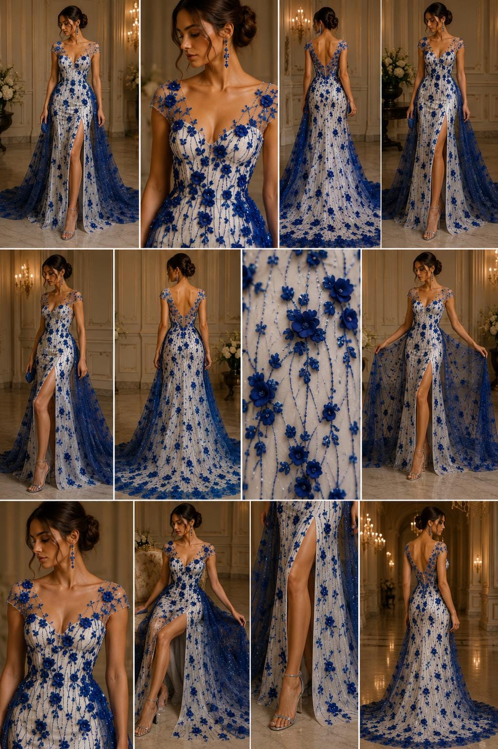 ROYAL BLUE - 3D Floral Satin Lace -  3D Floral Embroidered Mesh Lace with Glitter| Fabric For Quinsiañera Dresses - Prom Dress Sold By Yard